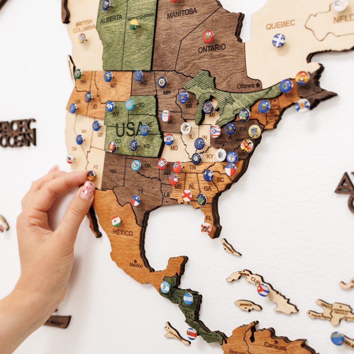 Close-up of USA state flag pins on the 3D wooden map